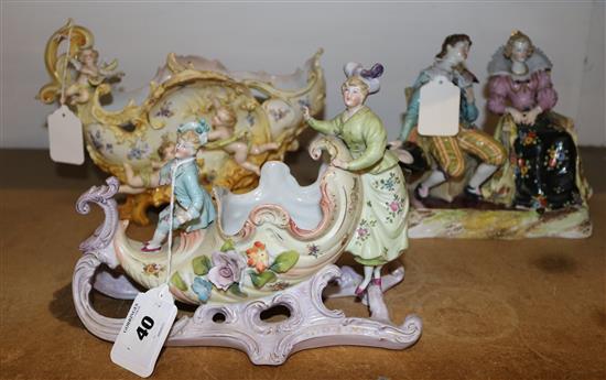 Sleigh figural group, centre piece & figural group of lady & gent(-)